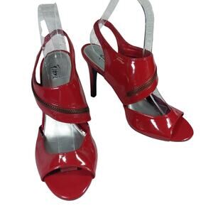 NWOT-1 SHOW! FIONI! ROUGE RED PATENT LEATHER DIAGONAL ZIP HEELS SANDALS! SZ 7.5M